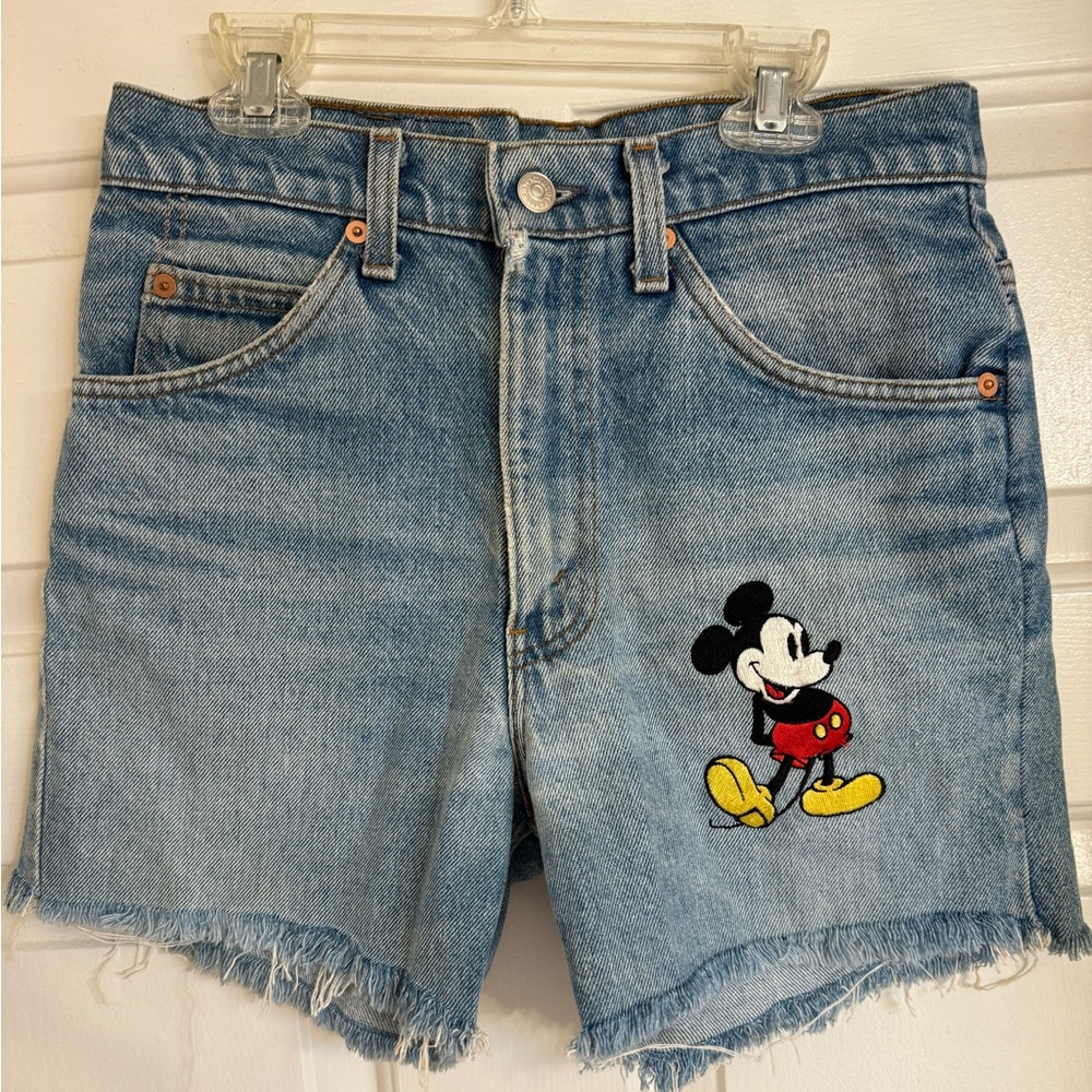 Too Cute Brand Women's Vintage Blue Denim Shorts with Mickey Mouse